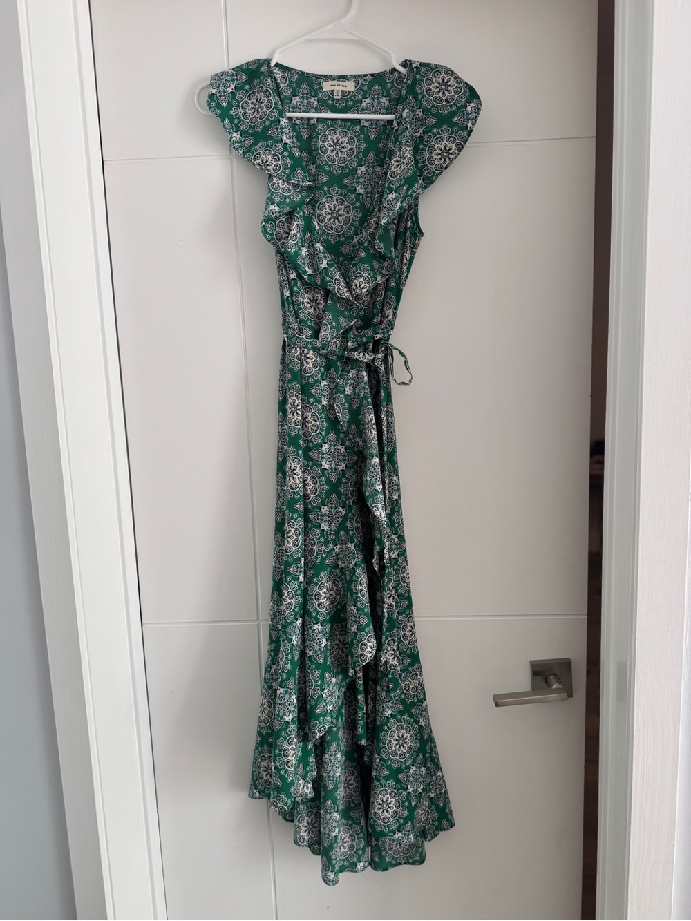 Green Floral Wrap Maxi Dress with Ruffle Shoulders Max Studio
